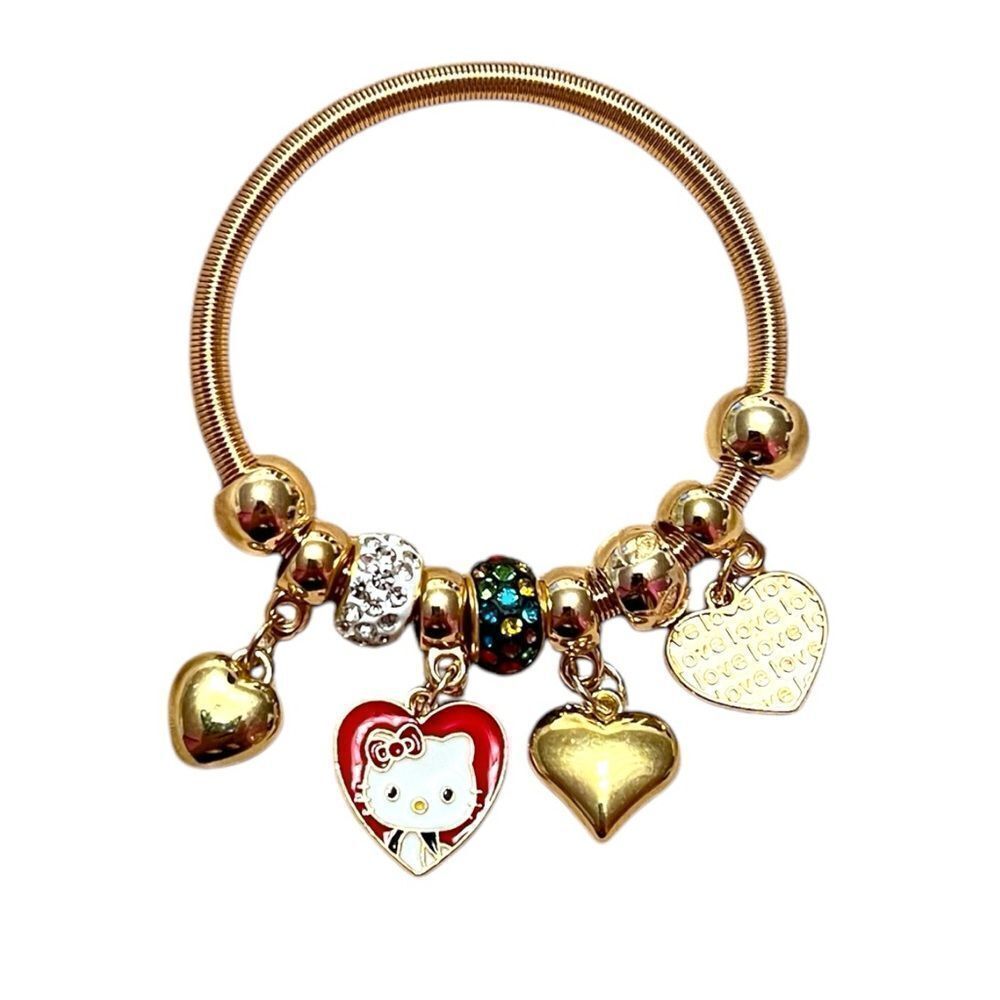 Hello Kitty Hearts White Rhinestone Gold Tone Kids’ Charm Br…